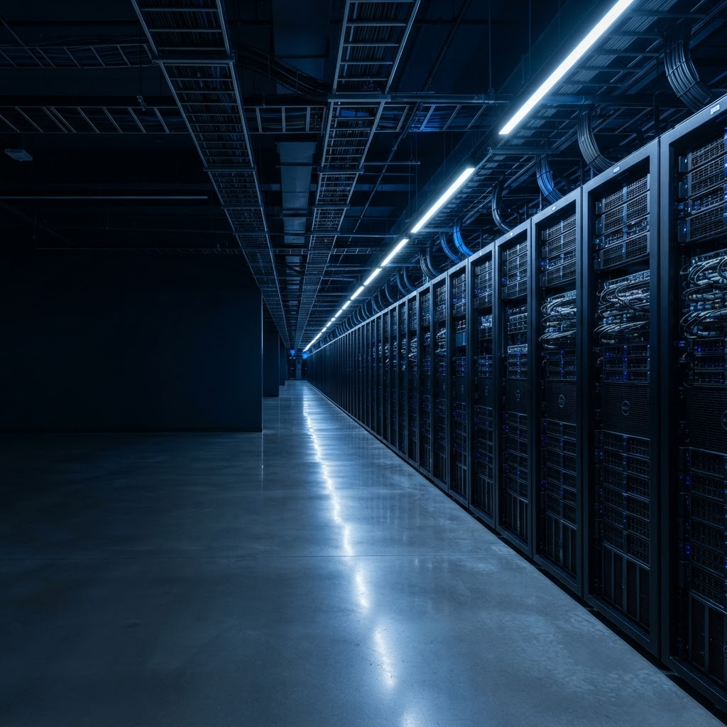 Hyperscale data center campus illuminated at night
