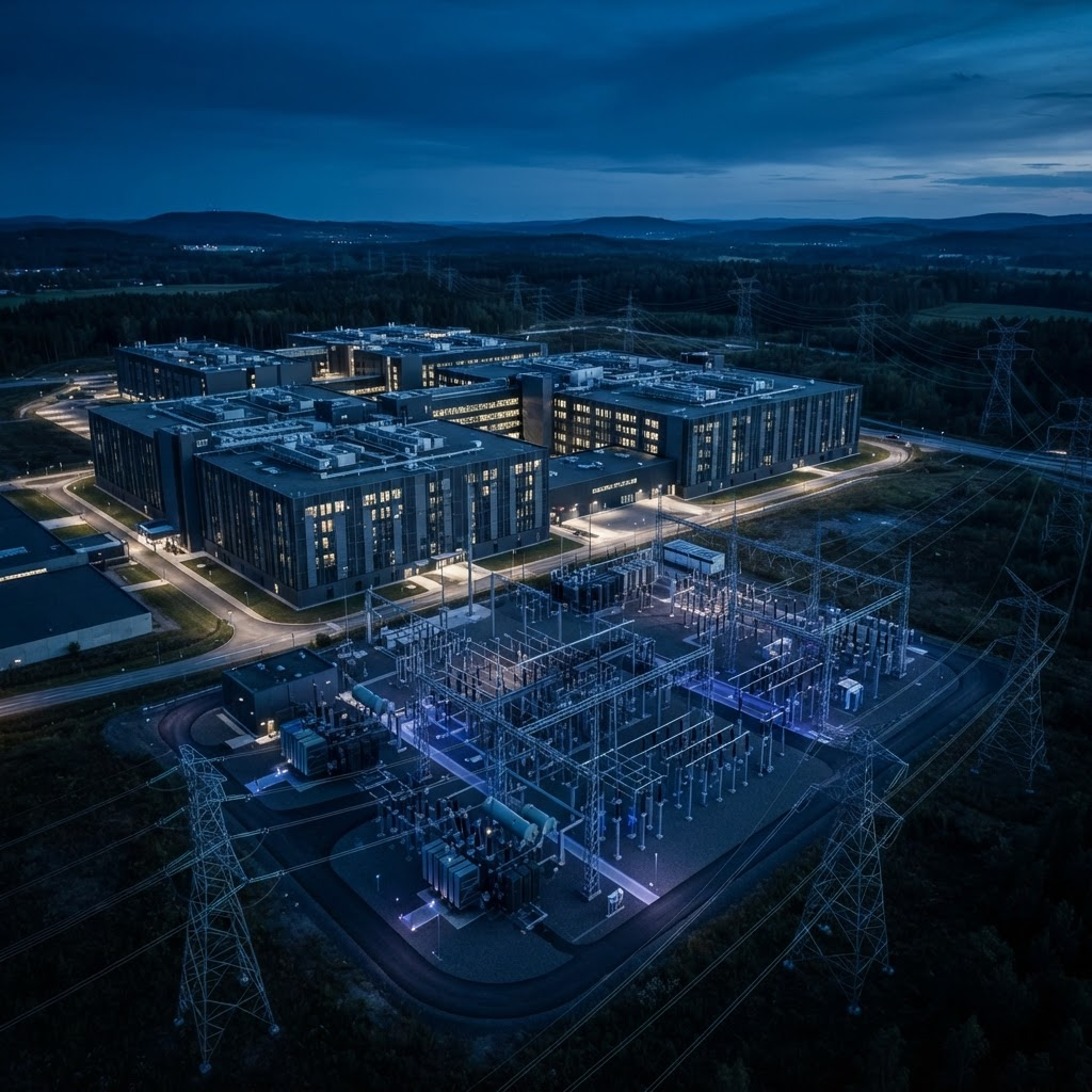 Aerial view of a modern data center campus and power infrastructure